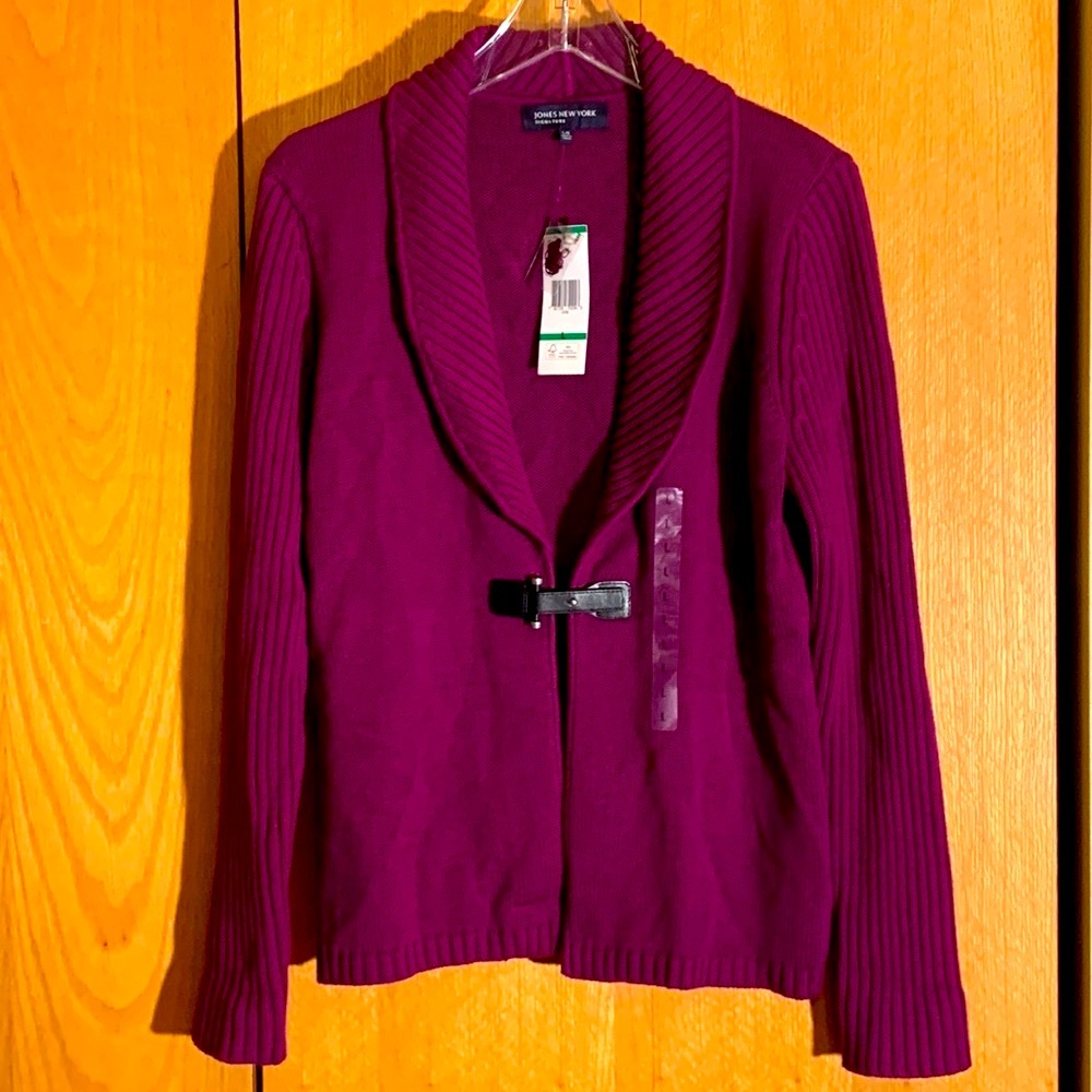 Jones New York Signature L purple cowl neck cardigan sweater buckle NEW w/ TAGS